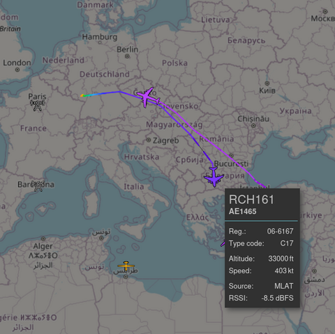 a C17 heading away from Ramstein. And a Super Galaxy transporter appears to head to Ramstein