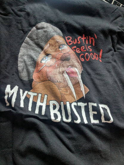 tshirt:

a stylized walrus with glasses and a baret with ahegao face.
Captioned "Bustin' feels good" and "Myth busted"