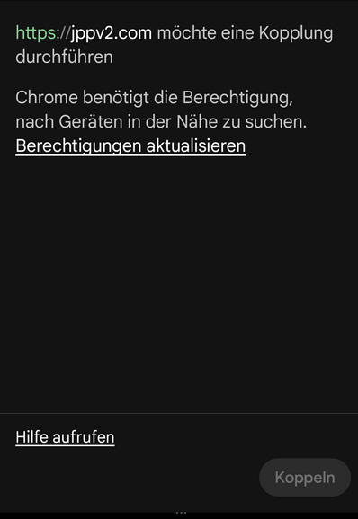 Machine möchte eine Kopplung durchführen

Chrome benötigt die Berechtigung in der Nähe nach Geräten zu suchen
