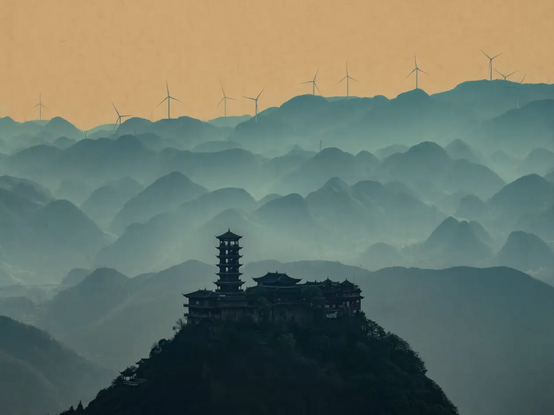Wind turbines seen beyond the Ming Dynasty Huguo Temple in Guizhou Province
