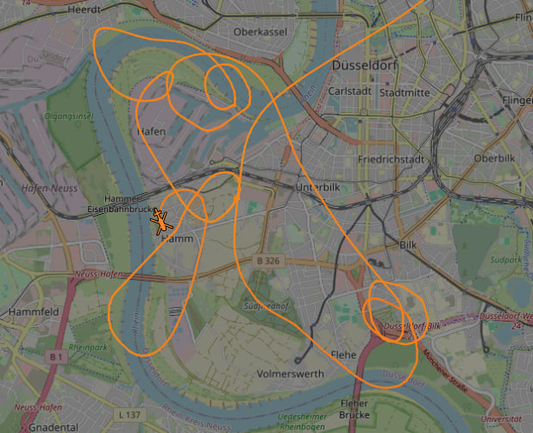 ADSB karte von einem polizei hubschrauber über düsseldorf, welcher eine flugroute hat die etwas wie das aphex twin logo aussieht